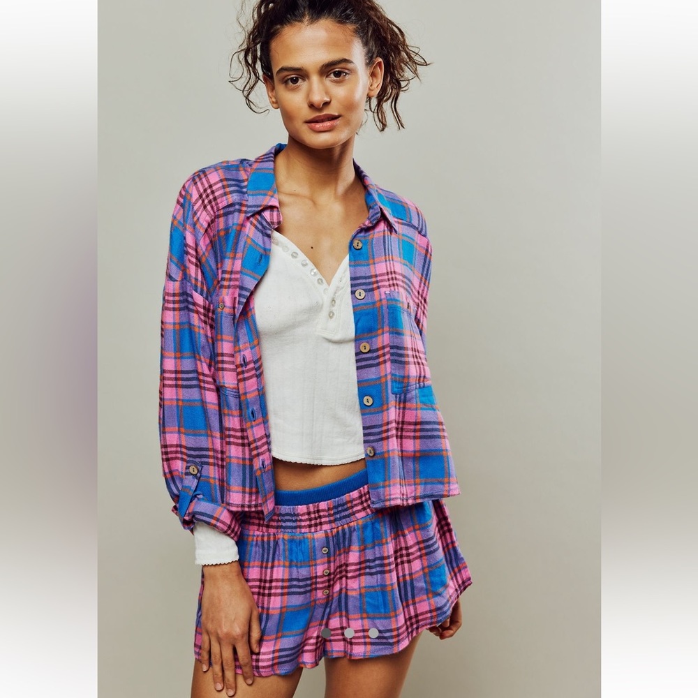 Free People Pink and Blue Plaid Sleep Set